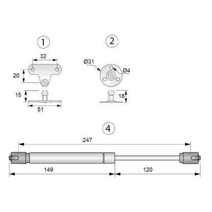Verin de porte à gaz 250mm - 50N - Blanc