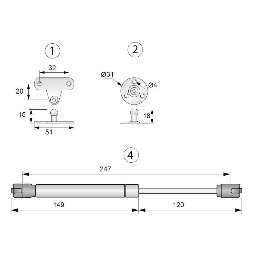 Verin de porte à gaz 250mm - 80N - Blanc