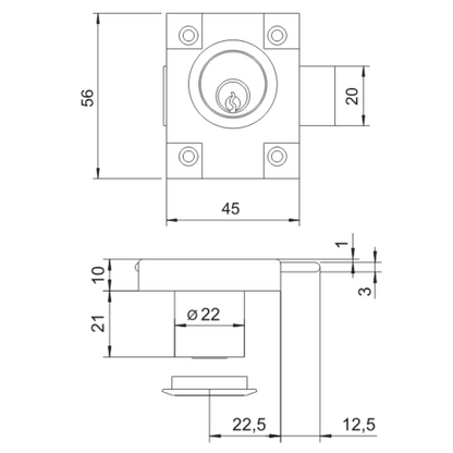 Serrure pour meubles 22x21mm