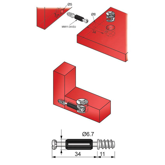 Goujons à Visser 34mm avec Vis EURO filetage - 1000 pièces NTP 