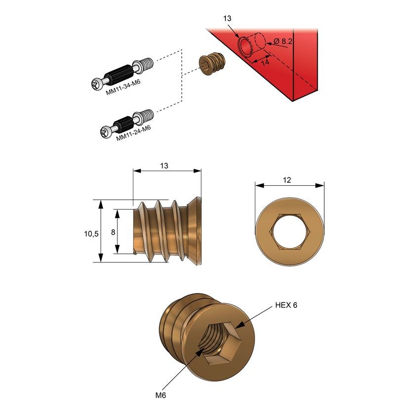 Insert fileté M6 10x13mm - 1000 pièces NTP 