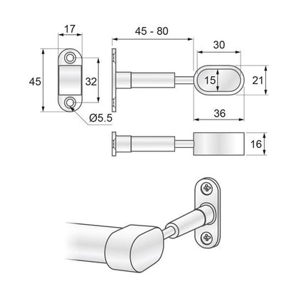 Support de barre ovale - fin 15x30mm, chrome NTP 