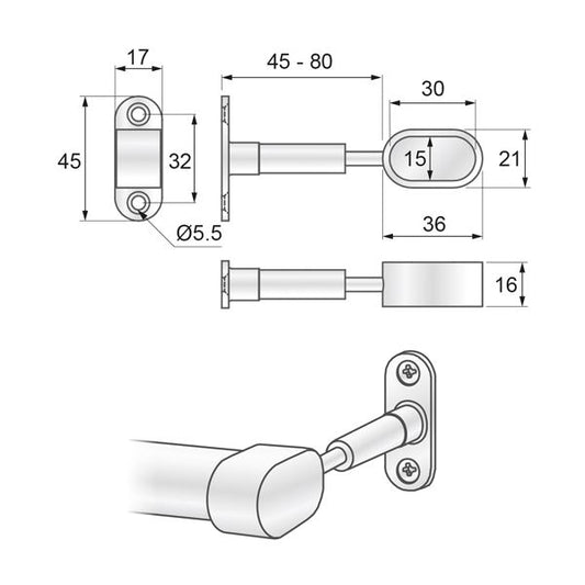 Support de barre ovale - fin 15x30mm, chrome NTP 