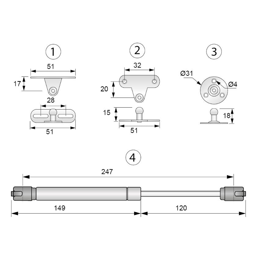 Verin de porte à gaz 250mm - 40N NTP 